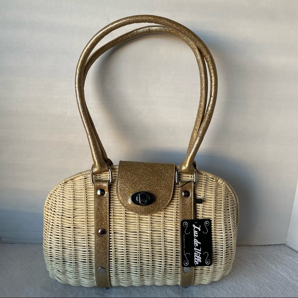 Lux de Ville Romeo Tote Straw Satchel Handbag Beige SHINY GLITTER Detail NEW